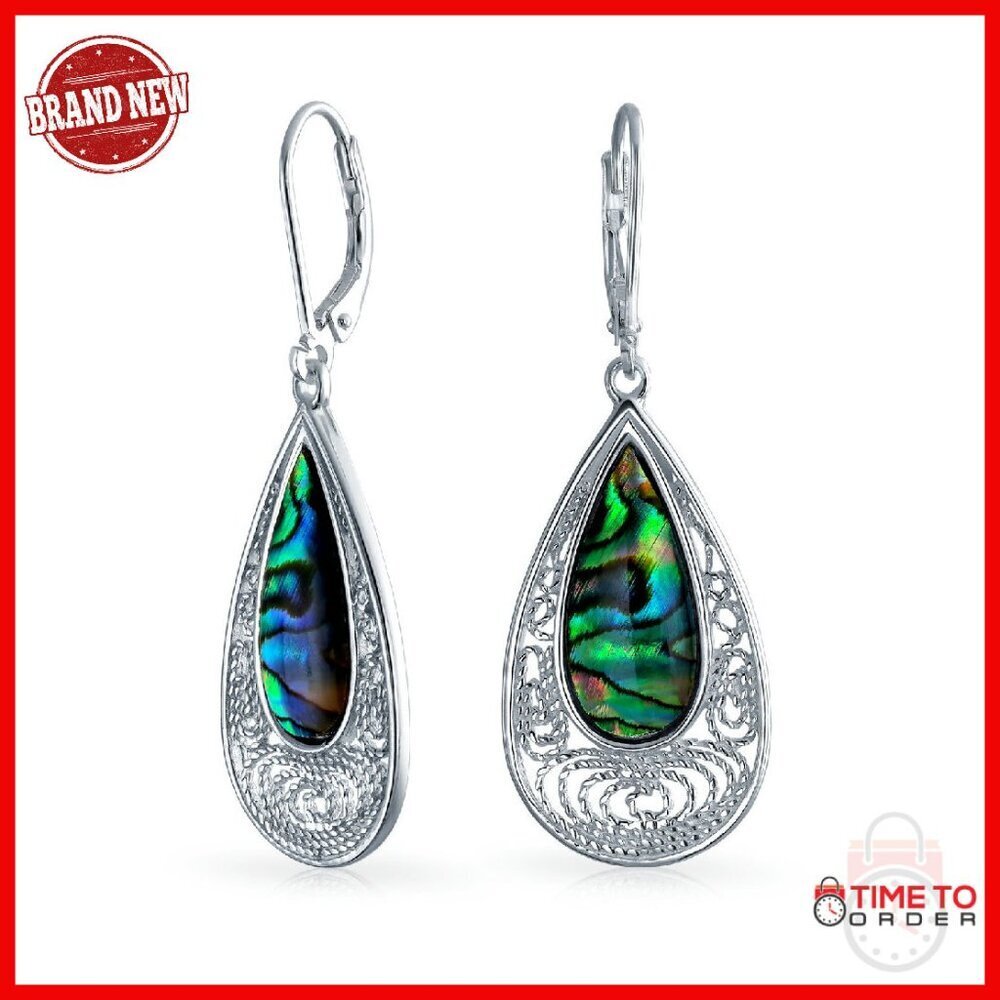 Sterling Silver Abalone Shell Teardrop Dangle Earrings Lever Back